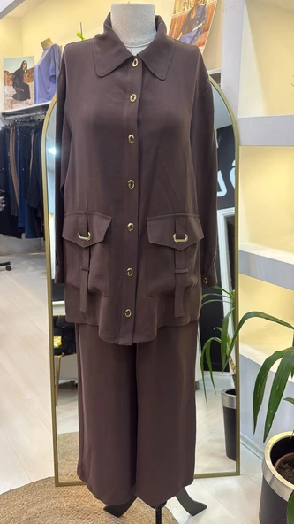 Nuss 1025 Tam Boy Düğmeli Pantolonlu Takım KAHVE - Resim 4