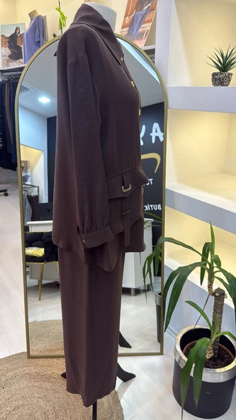 Nuss 1025 Tam Boy Düğmeli Pantolonlu Takım KAHVE - Resim 5