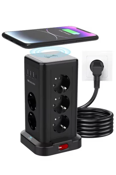 WP711 Akım Korumalı Priz Kablosuz Şarj İstasyonu 11x Soket 3x USB 1xType-C Kablolu Grup Priz ürün görseli