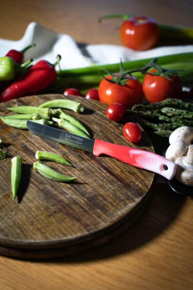 Solingen Kırmızı Ebruli Ava Sebze Bıçağı – Paslanmaz Alman Çeliği, Ergonomik Sap, 22 cm (Tekli) ürün görseli