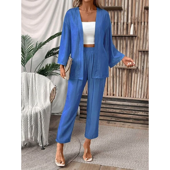 Lucky Life Kadın Uzun Kollu önü Açık Dokuma Ceket Ve Pantolon Ikili Takım - Resim 5