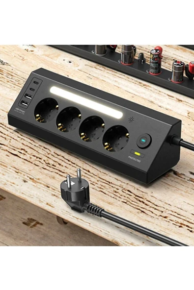LP764 Çoklu Gece Lambalı Priz Yüksek Gerilim Korumalı 4'LÜ Priz 2XUSB 2XType-C Çıkışlı Grup Priz Çoğaltıcı - Resim 3