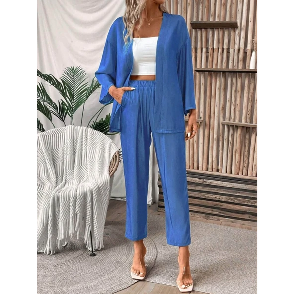 Lucky Life Kadın Uzun Kollu önü Açık Dokuma Ceket Ve Pantolon Ikili Takım - Resim 2