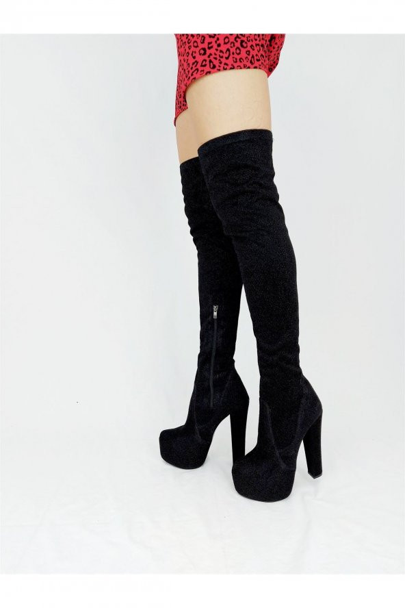 Pages Siyah Sim Yüksek Topuklu Diz Üstü Çizme - 3