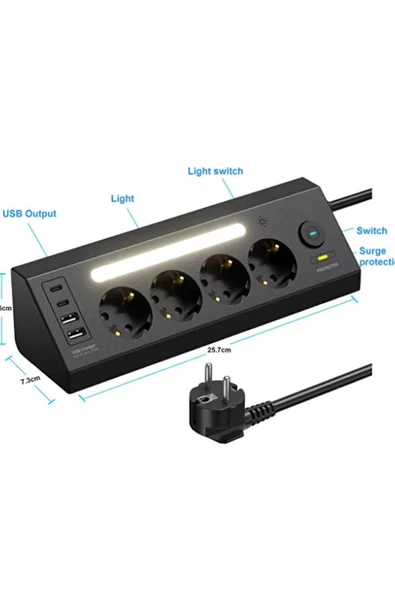 LP764 Çoklu Gece Lambalı Priz Yüksek Gerilim Korumalı 4'LÜ Priz 2XUSB 2XType-C Çıkışlı Grup Priz Çoğaltıcı - Resim 6