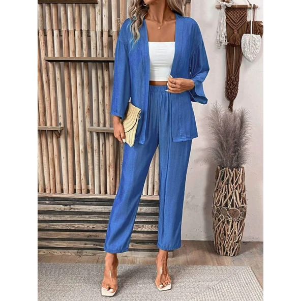 Lucky Life Kadın Uzun Kollu önü Açık Dokuma Ceket Ve Pantolon Ikili Takım - Resim 3