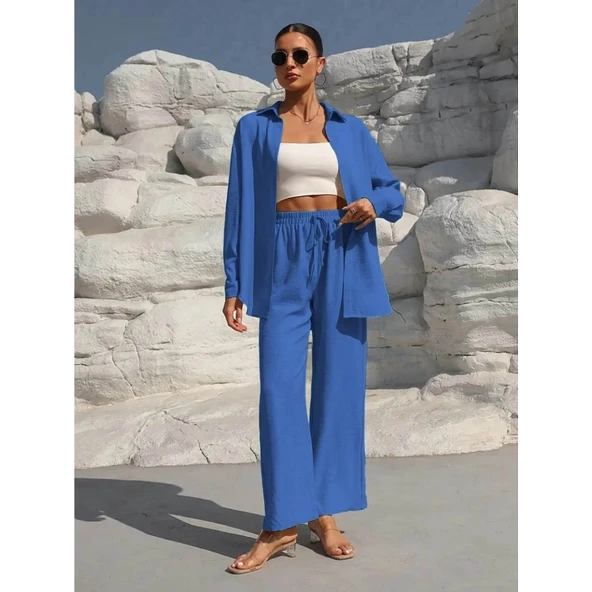 Lucky Life Kadın Uzun Kollu önü Açık Dokuma Ceket Ve Pantolon Ikili Takım - Resim 7