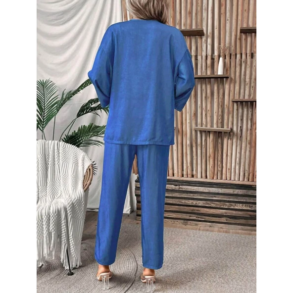 Lucky Life Kadın Uzun Kollu önü Açık Dokuma Ceket Ve Pantolon Ikili Takım ürün görseli