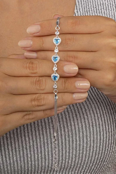 Gümüş Pazarım Mavi Taşlı Üçlü Kalp 925 Ayar Gümüş Kadın Bileklik - Resim 3