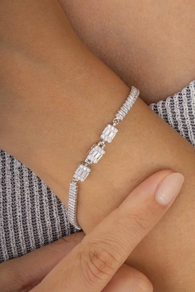 Gümüş Pazarım Üçlü Baget Taşı Full Taş Kadın Gümüş Bileklik ürün görseli 1