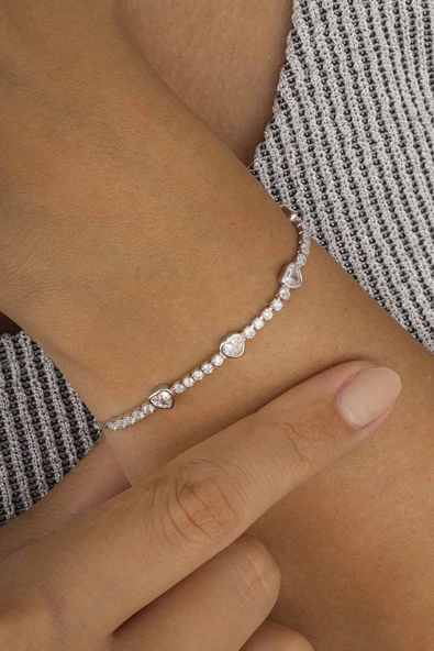 Gümüş Pazarım Kalp Geçişli Tektaş Model Su Yolu Gümüş Kadın Bileklik - 2