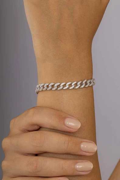 Gümüş Pazarım Zirkon Taşlı Gurmet Zincir 925 Ayar Gümüş Kadın Bileklik - Resim 2