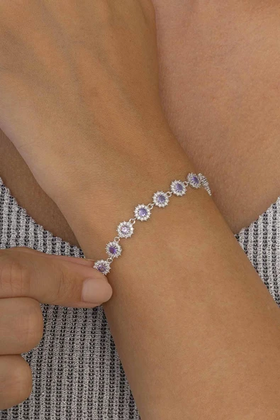 Gümüş Pazarım Mor Taşlı Güneş Model Sıralı Tamtur Kadın Gümüş Bileklik