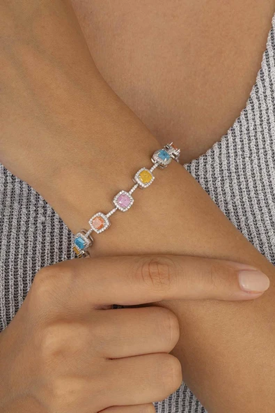 Gümüş Pazarım Renkli Taşlı Sıralı Tektaş 925 Ayar Gümüş Kadın Bileklik ürün görseli 1