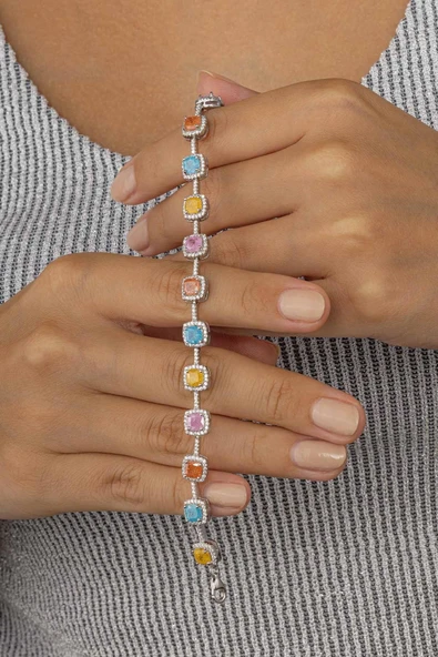 Gümüş Pazarım Renkli Taşlı Sıralı Tektaş 925 Ayar Gümüş Kadın Bileklik - Resim 3