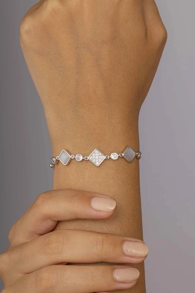 Gümüş Pazarım Kare Figürlü Top Zincir Kadın Gümüş Kadın Bileklik - 2