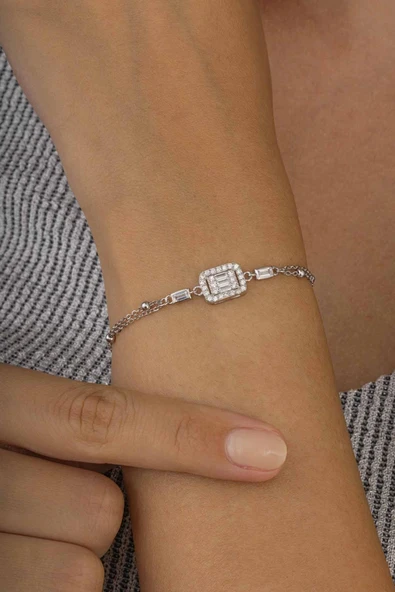 Gümüş Pazarım Top Zincirli Baget Taşlı Kadın Gümüş Bileklik - Resim 3