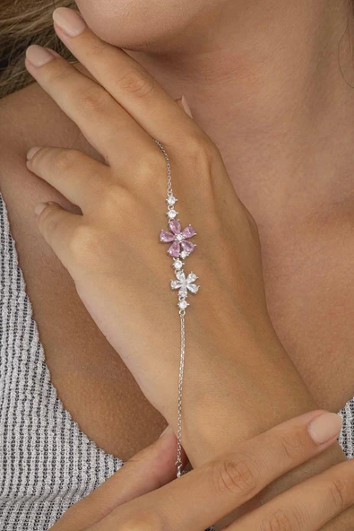 Gümüş Pazarım Pembe Beyaz Taşlı İkili Yonca Figürlü 925 Ayar Gümüş Bileklik - Resim 2