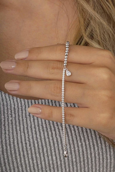 Gümüş Pazarım Damla Figürlü Top ve Tektaş Geçişli Kadın Gümüş Bileklik - 3