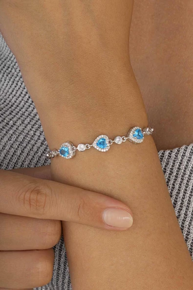 Gümüş Pazarım Mavi Taşlı Üçlü Kalp 925 Ayar Gümüş Kadın Bileklik ürün görseli 1