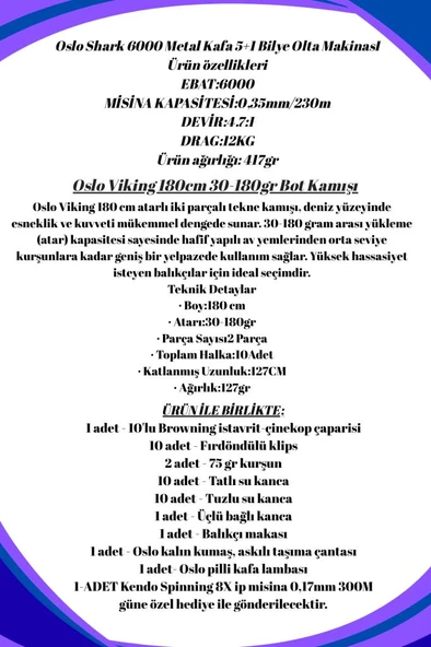 Oslo Viking 180cm 30-180gr Shark 6000 Tekne Olta Seti - Resim 2