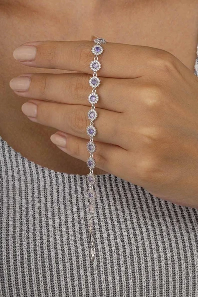 Gümüş Pazarım Mor Taşlı Güneş Model Sıralı Tamtur Kadın Gümüş Bileklik - 3