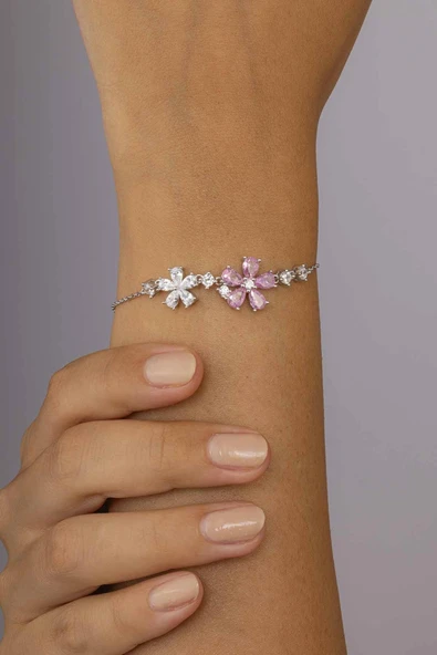 Gümüş Pazarım Pembe Beyaz Taşlı İkili Yonca Figürlü 925 Ayar Gümüş Bileklik - Resim 3