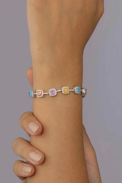 Gümüş Pazarım Renkli Taşlı Sıralı Tektaş 925 Ayar Gümüş Kadın Bileklik - Resim 2