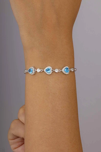 Gümüş Pazarım Mavi Taşlı Üçlü Kalp 925 Ayar Gümüş Kadın Bileklik - Resim 2