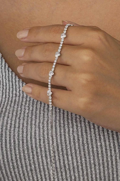 Gümüş Pazarım Kalp Geçişli Tektaş Model Su Yolu Gümüş Kadın Bileklik - 3