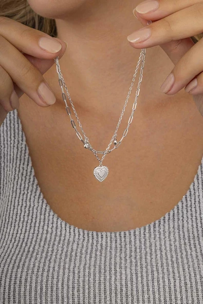 Gümüş Pazarım Kalp Figürlü Çift Zincirli Kadın Gümüş Charm Bileklik - 3