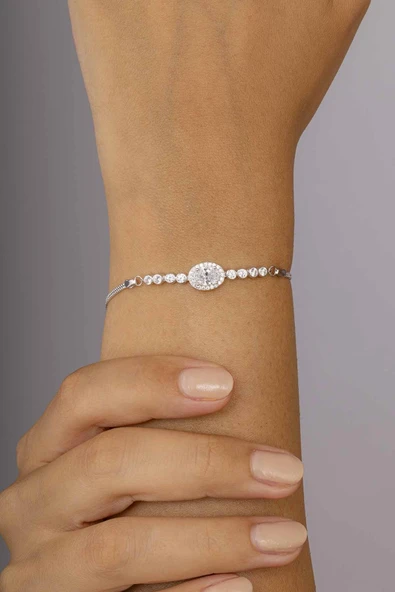 Gümüş Pazarım Oval Kesim Zirkon Taşlı 925 Ayar Gümüş Kadın Bileklik - Resim 2