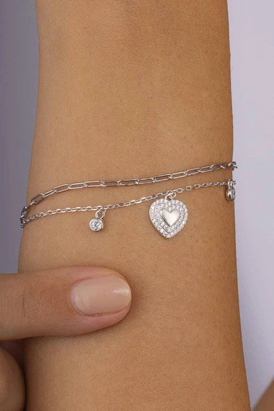 Gümüş Pazarım Kalp Figürlü Çift Zincirli Kadın Gümüş Charm Bileklik - 2