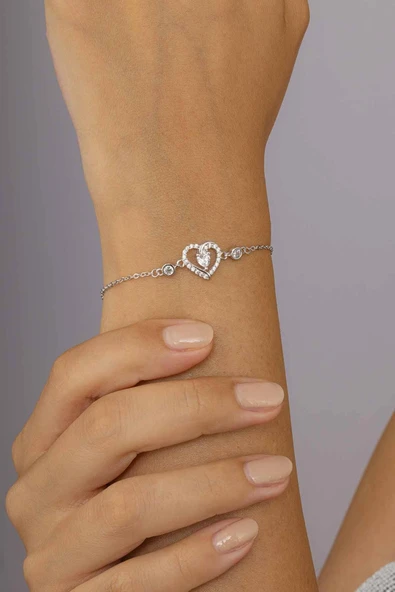 Gümüş Pazarım Kalp Figürlü Taşlı Gümüş Kadın Bileklik - Resim 3