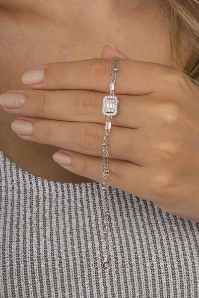 Gümüş Pazarım Top Zincirli Baget Taşlı Kadın Gümüş Bileklik - Resim 2
