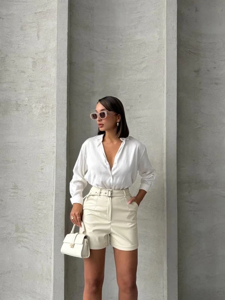 Kemerli deri şort krem h241003 - 5