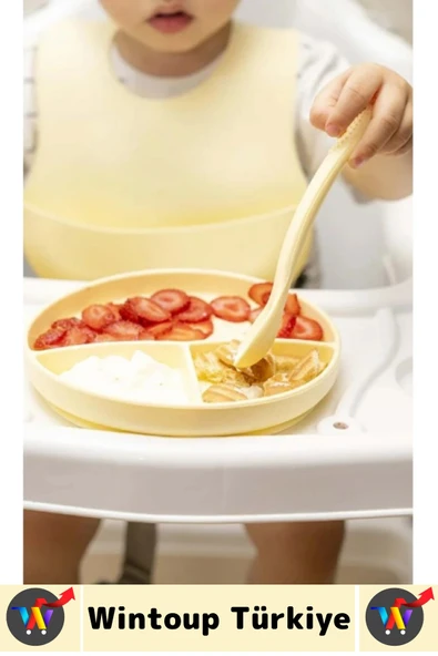 Kaymaz Sağlıklı Önlük Diş Kaşıyıcılı Kaşık Vakumlu Tabak 3 Parça Silikon Bebek Beslenme Seti Sarı - Resim 3