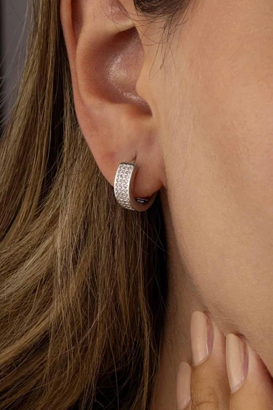 Gümüş Pazarım 3 Sıra Tamtur Beyaz Taşlı Kadın Gümüş Küpe - 2