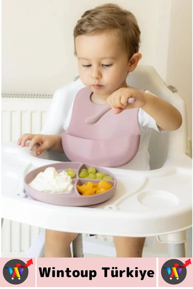 Kaymaz Sağlıklı Önlük Diş Kaşıyıcılı Kaşık Vakumlu Tabak 3 Parça Silikon Bebek Beslenme Seti Pembe - Resim 3