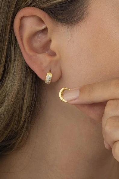 Gümüş Pazarım  3 Sıra Altın Kaplama İtalyan Model Tamtur Kadın Gümüş Küpe - Resim 2