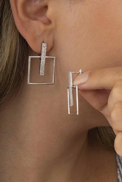 Gümüş Pazarım Kare Kesim J Model Beyaz Taşlı Kadın Gümüş Küpe - Resim 2