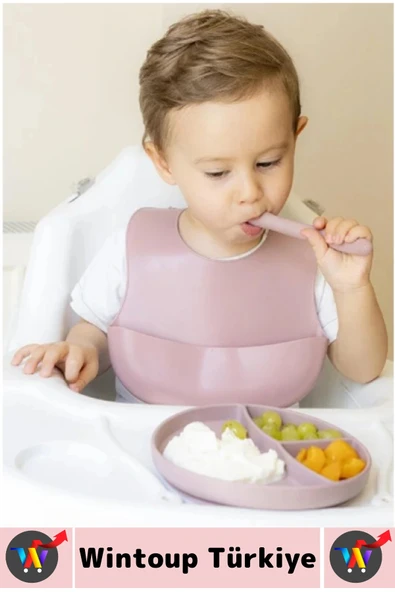 Kaymaz Sağlıklı Önlük Diş Kaşıyıcılı Kaşık Vakumlu Tabak 3 Parça Silikon Bebek Beslenme Seti Pembe - Resim 2