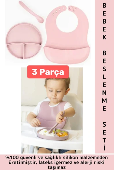 Kaymaz Sağlıklı Önlük Diş Kaşıyıcılı Kaşık Vakumlu Tabak 3 Parça Silikon Bebek Beslenme Seti Pembe ürün görseli