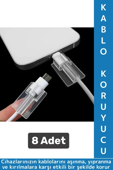 Premium Telefon Şarj Kablosu Aşınma Yıpranma Kırılma Önleyici Şeffaf Silikon Kablo Koruyucu 8 Adet