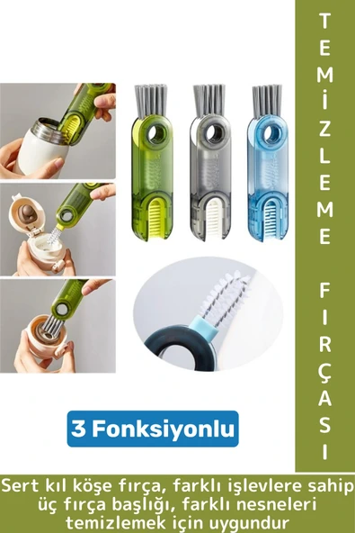 Kompakt Sert Kıllı Zor Nokta Köşe Termos Biberon Bardak 3 Fonksiyonlu Çok Amaçlı Temizleme Fırçası