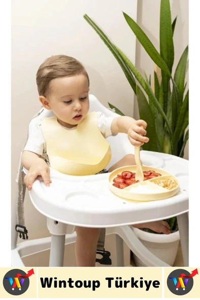 Kaymaz Sağlıklı Önlük Diş Kaşıyıcılı Kaşık Vakumlu Tabak 3 Parça Silikon Bebek Beslenme Seti Sarı - Resim 2