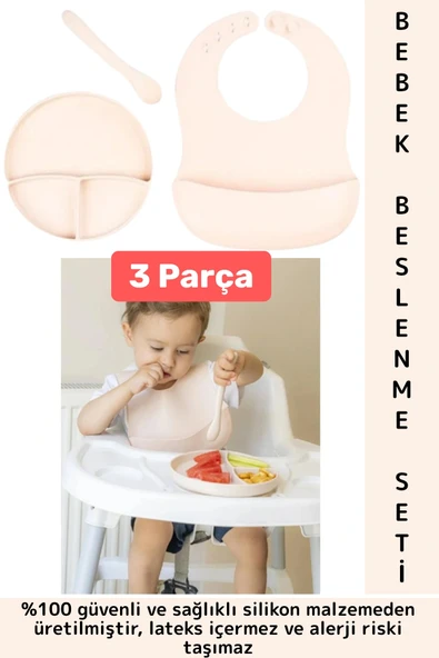 Kaymaz Sağlıklı Önlük Diş Kaşıyıcılı Kaşık Vakumlu Tabak 3 Parça Silikon Bebek Beslenme Seti Krem ürün görseli