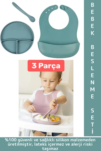 Kaymaz Sağlıklı Önlük Diş Kaşıyıcılı Kaşık Vakumlu Tabak 3 Parça Silikon Bebek Beslenme Seti Yeşil ürün görseli