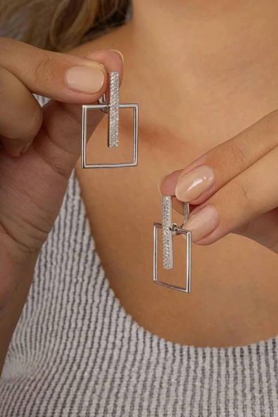 Gümüş Pazarım Kare Kesim J Model Beyaz Taşlı Kadın Gümüş Küpe - Resim 3