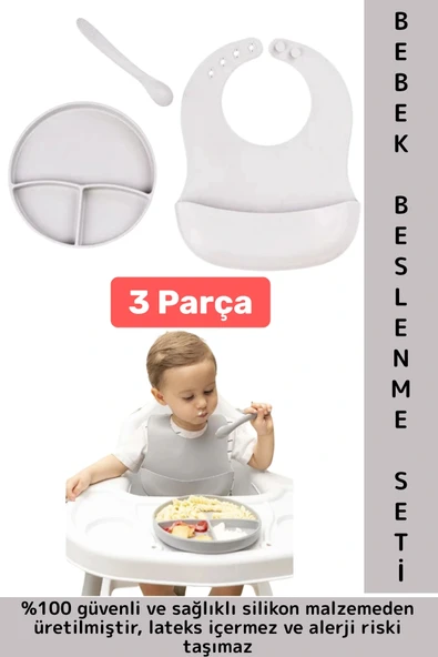 Kaymaz Sağlıklı Önlük Diş Kaşıyıcılı Kaşık Vakumlu Tabak 3 Parça Silikon Bebek Beslenme Seti Gri ürün görseli